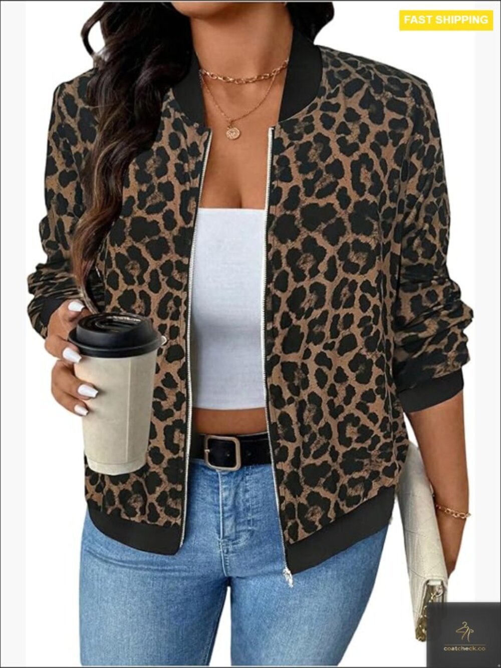 Leopard Print Zip Up Jacket Long Sleeve Collared Lightweight Casual Outerwear